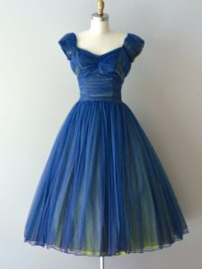 Blue A-line Ruching Quinceanera Court of Honor Dress Lace Up Chiffon and Tulle Cap Sleeves Knee Length
