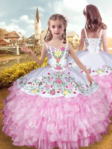 Sleeveless Organza and Taffeta Floor Length Lace Up Kids Formal Wear in Rose Pink with Embroidery and Ruffled Layers