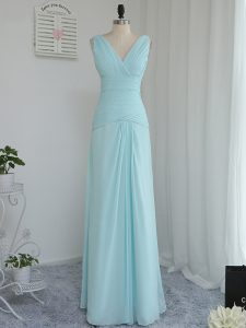 Empire Quinceanera Court Dresses Aqua Blue V-neck Chiffon Sleeveless Floor Length Zipper