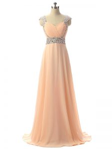 Peach Evening Party Dresses Prom and Military Ball and Sweet 16 and Beach with Beading V-neck Cap Sleeves Lace Up