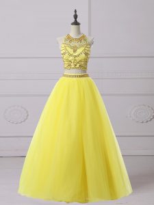 Inexpensive Sleeveless Floor Length Beading Backless Evening Dress with Yellow
