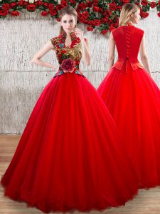 Pretty Red Lace Up High-neck Appliques 15 Quinceanera Dress Organza Short Sleeves