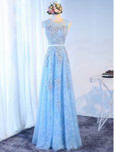 Free and Easy Floor Length Baby Blue Prom Dress Tulle Sleeveless Beading and Lace and Appliques and Belt