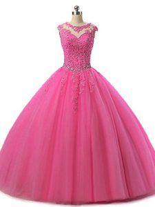 Floor Length Hot Pink Sweet 16 Dresses Tulle Sleeveless Beading and Lace