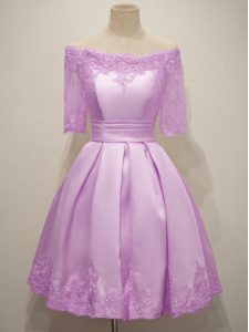 Lilac Off The Shoulder Neckline Lace Vestidos de Damas Half Sleeves Lace Up