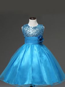 Baby Blue Tulle Zipper Scoop Sleeveless Knee Length Pageant Gowns For Girls Sequins and Hand Made Flower