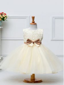 Scoop Sleeveless Party Dress Knee Length Lace and Bowknot Champagne Tulle