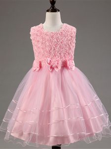 Top Selling Ruffled Layers and Hand Made Flower Girls Pageant Dresses Baby Pink Zipper Sleeveless Knee Length
