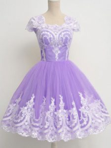 A-line Quinceanera Court of Honor Dress Lavender Square Tulle Sleeveless Knee Length Zipper
