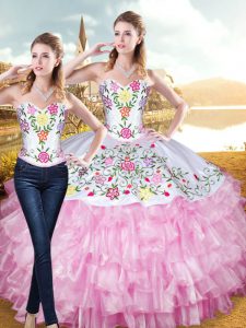 Rose Pink Lace Up Sweet 16 Quinceanera Dress Embroidery and Ruffled Layers Sleeveless Floor Length