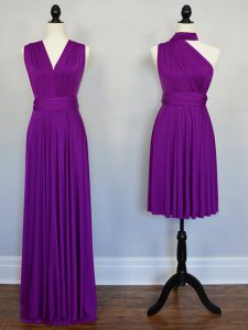 Excellent Sleeveless Floor Length Beading and Ruching Lace Up Wedding Party Dress with Purple