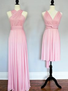 Fitting Baby Pink Sleeveless Ruching Floor Length Bridesmaids Dress