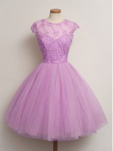 Lovely Knee Length Lilac Damas Dress Tulle Cap Sleeves Lace