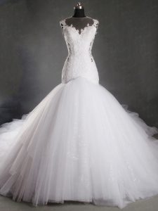 White Mermaid Scoop Sleeveless Tulle Chapel Train Zipper Lace Wedding Gown