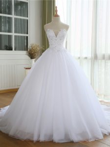 Traditional Court Train Ball Gowns Wedding Dress White Strapless Tulle Sleeveless Lace Up