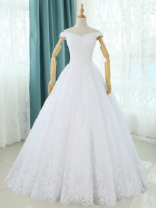 Glamorous White Sleeveless Tulle Lace Up Wedding Dresses for Beach and Wedding Party