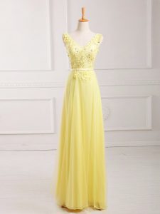 Floor Length Yellow Homecoming Dress Online V-neck Sleeveless Zipper