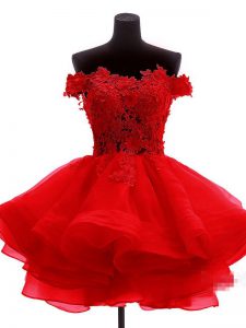 Red A-line Off The Shoulder Sleeveless Organza Mini Length Zipper Lace and Appliques and Ruffles Prom Homecoming Dress