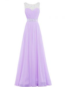 Lavender Chiffon Zipper Prom Gown Sleeveless Floor Length Beading