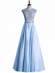 Floor Length Light Blue Homecoming Dress Taffeta Sleeveless Beading and Lace