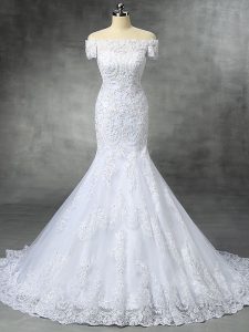 Best Selling Off The Shoulder Sleeveless Brush Train Zipper Bridal Gown White Lace