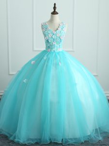 Aqua Blue Organza Lace Up V-neck Sleeveless Floor Length 15th Birthday Dress Appliques