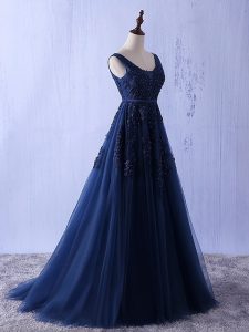 Navy Blue A-line Appliques Prom Dresses Lace Up Tulle Sleeveless Floor Length