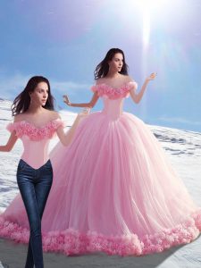 Sophisticated Off The Shoulder Sleeveless Brush Train Lace Up Ball Gown Prom Dress Baby Pink Tulle