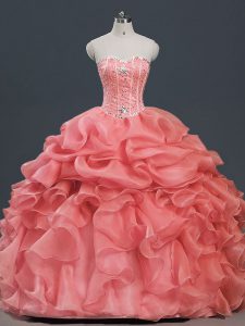 Watermelon Red Sweet 16 Dresses Sweet 16 and Quinceanera with Beading and Ruffles and Pick Ups Sweetheart Sleeveless Lace Up