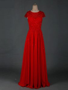Gorgeous Red Empire Scoop Cap Sleeves Chiffon Floor Length Zipper Beading Mother Dresses