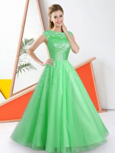 Romantic Green Backless Damas Dress Beading and Lace Sleeveless Floor Length
