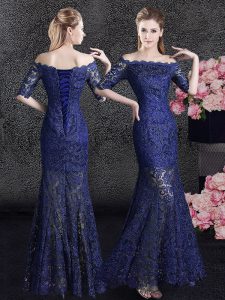 Best Selling Mermaid Off the Shoulder Floor Length Lace Up Mother of Groom Dress Navy Blue for Prom and Party with Lace