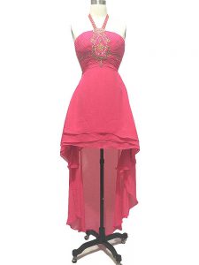 Wonderful Hot Pink Halter Top Neckline Beading Homecoming Party Dress Sleeveless Backless