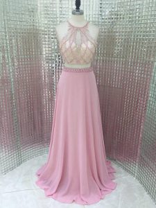 Pretty Pink Two Pieces Beading Formal Dresses Zipper Chiffon Sleeveless