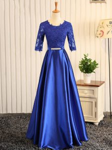 Custom Fit Embroidery and Belt Pageant Gowns Blue Zipper Half Sleeves Floor Length