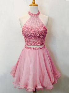 Superior Pink Organza Lace Up Damas Dress Sleeveless Knee Length Beading