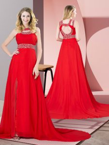 Red Prom Dress Scoop Sleeveless Brush Train Backless