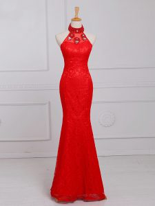 Red Sleeveless Lace Zipper Formal Evening Gowns for Prom and Military Ball and Sweet 16