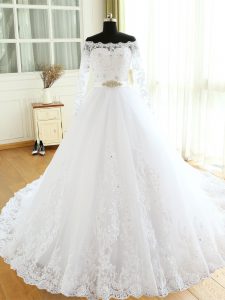 White Tulle Zipper Wedding Gowns Long Sleeves Court Train Beading and Lace and Appliques