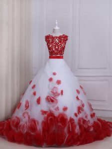 Glittering White And Red Tulle Zipper Bridal Gown Sleeveless Brush Train Appliques