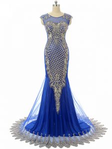 Royal Blue Evening Wear Tulle Sleeveless Beading and Lace and Appliques