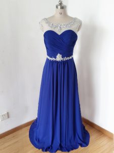 Lovely Royal Blue Zipper Scoop Beading and Ruching Prom Gown Chiffon Short Sleeves