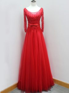 Scoop Long Sleeves Evening Dress Brush Train Beading and Belt Red Tulle