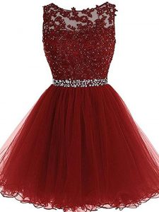 Admirable Sleeveless Tulle Mini Length Zipper in Burgundy with Beading and Lace and Appliques