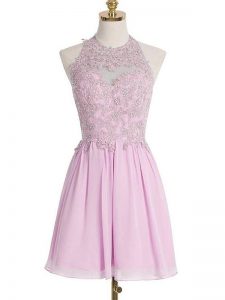Adorable Chiffon Halter Top Sleeveless Lace Up Appliques Bridesmaid Dresses in Lilac