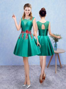 Classical Turquoise Taffeta Lace Up Scoop Sleeveless Knee Length Damas Dress Embroidery