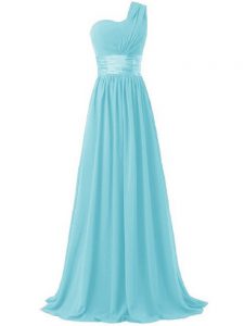 Fabulous Sleeveless Floor Length Ruching Lace Up Damas Dress with Aqua Blue