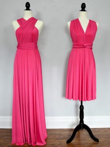 Pretty Hot Pink Chiffon Lace Up Halter Top Sleeveless Floor Length Bridesmaid Dresses Ruching