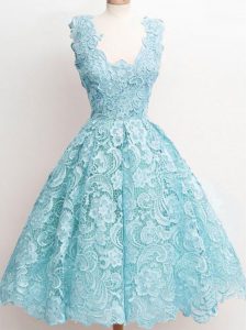 Aqua Blue Straps Neckline Lace Bridesmaid Dresses Sleeveless Zipper