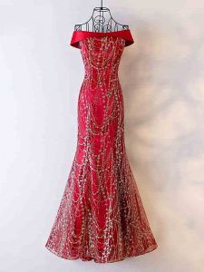 Delicate Sleeveless Floor Length Beading Lace Up Evening Wear with Wine Red
